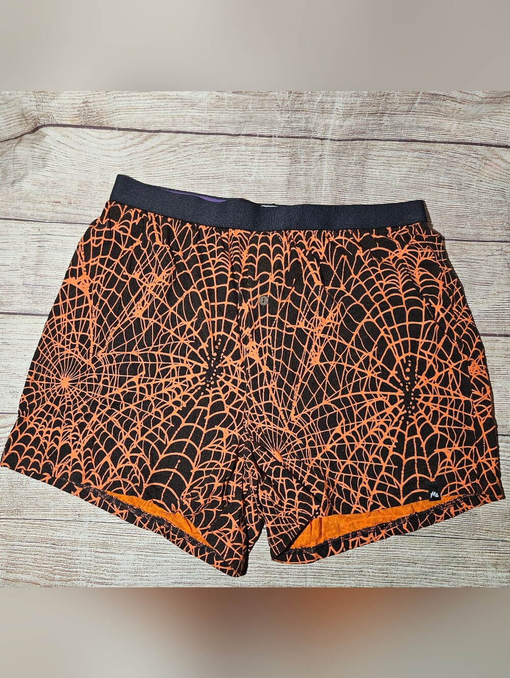 MeUndies orange and black spiderweb boxer shorts